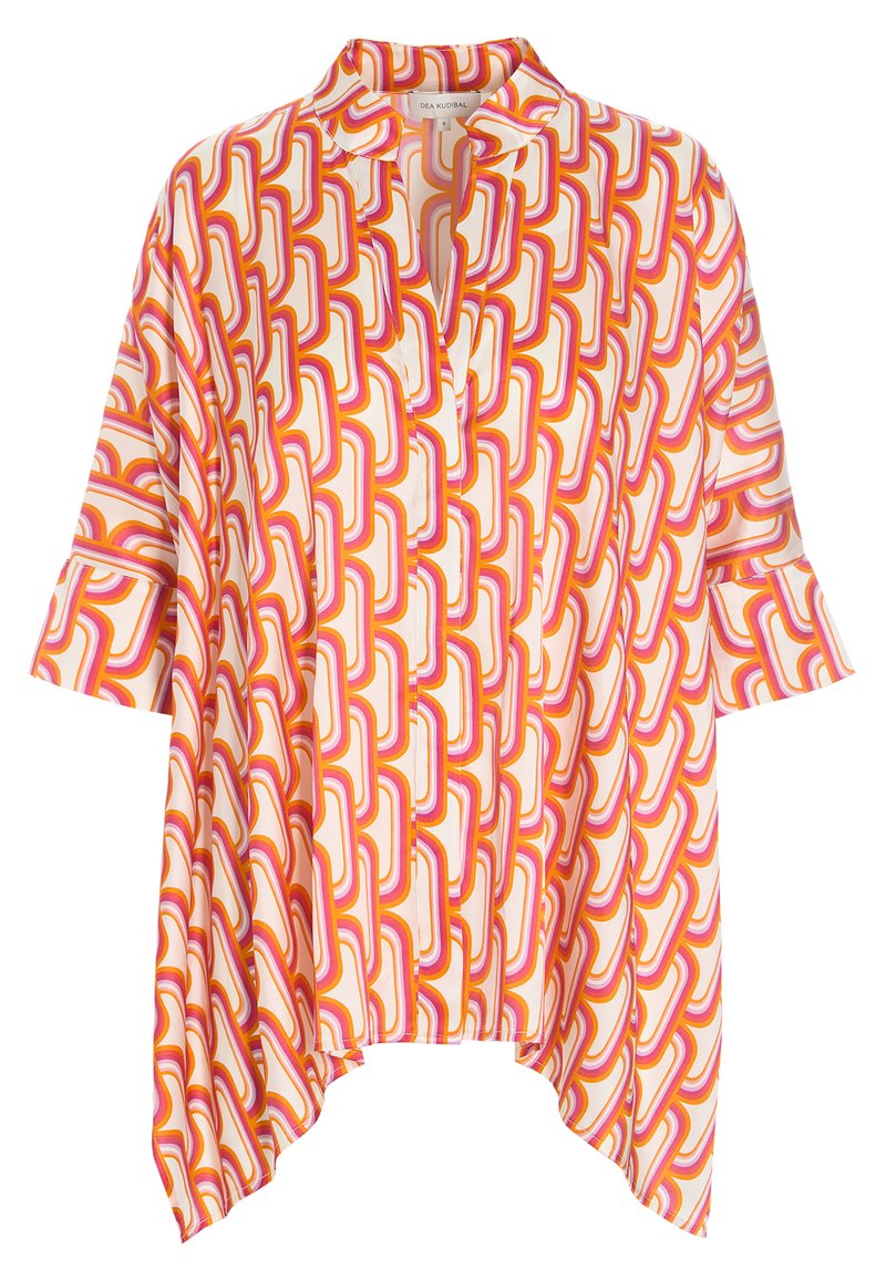 Bluzica s kratkimi rokavi, lahka, kremaste barve z rožnatim in oranžnim geometrijskim vzorcem, s kragnico in sproščenim krojem.