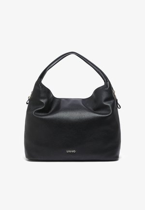 Bolso de hombro de cuero negro con estructura suave, asas cortas y pequeño logo dorado "LIU·JO" en el centro delantero.