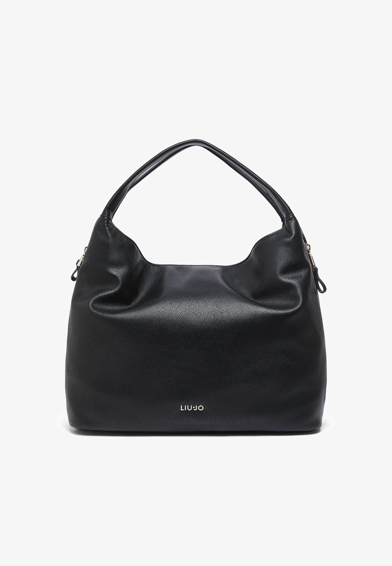 Sac bandoulière en cuir noir à structure souple, poignées courtes et petit logo doré "LIU·JO" au centre avant.