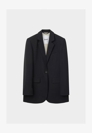 Black single-button blazer with notched lapels, two front flap pockets, chest welt pocket, and light beige lining.