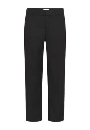 Black trousers made of smooth fabric, featuring a tailored design, straight legs, and a flat front with belt loops, no visible hardware.