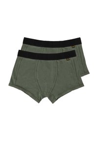 Green cotton boxer briefs, featuring a black elastic waistband and a fitted design, with reinforced stitching and a contoured pouch. Two pairs included.