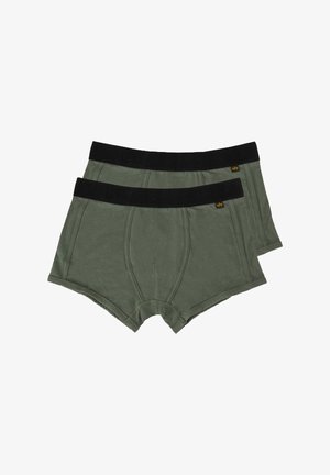 Green cotton boxer briefs, featuring a black elastic waistband and a fitted design, with reinforced stitching and a contoured pouch. Two pairs included.
