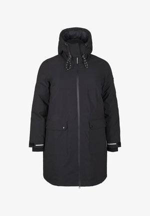 Crna izolirana parka s visokim ovratnikom, podesivim kapuljačom, prednjim patentnim zatvaračem i dva velika džepa. Ima reflektirajuće akcentne detalje i rebraste manšete.