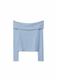 Hellblaues, schulterfreies Crop-Top aus geripptem Stoff mit langen Ärmeln und weitem Ausschnitt. Glatte Textur mit einer figurbetonten Passform.