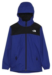 Giacca blu e nera con zip frontale, cappuccio regolabile e due tasche laterali. Presenta un tessuto morbido e resistente all'acqua.