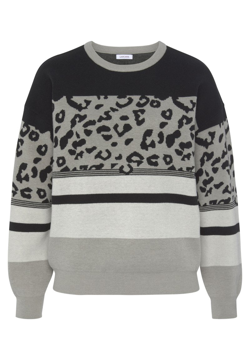 Gestrickter Pullover mit Leopardenmuster in Schwarz- und Grautönen. Strukturierte Streifen und ein runder Ausschnitt runden das Design ab.