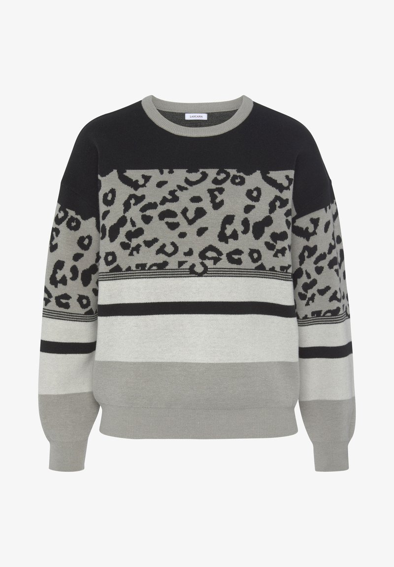 Gestrickter Pullover mit Leopardenmuster in Schwarz- und Grautönen. Strukturierte Streifen und ein runder Ausschnitt runden das Design ab.