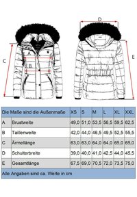 Giacca imbottita con cappuccio in finta pelliccia, dotata di chiusura con zip, due tasche con zip e trapuntatura diagonale. Misure delle taglie indicate in una tabella.