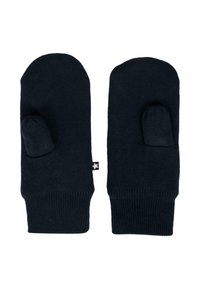 Guanti a maglia blu navy realizzati in materiale morbido, con una parte superiore rotonda, pollice separato e polsini a coste. Un piccolo etichetta presenta un accento a forma di stella.