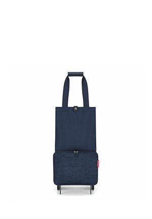 Marineblauer Einkaufswagen auf Rädern mit zwei Griffen, Reißverschlusstasche vorne und Druckknopfverschluss oben in der Mitte.