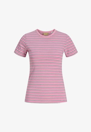 Rožinė trumpomis rankovėmis prigludusi marškinėliai su horizontaliomis juostelėmis baltos, juodos ir violetinės spalvų, su apvalia apykakle.