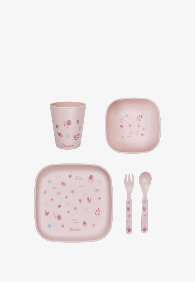 Pink children's tableware set made of plastic, featuring a cup, square plate, fork, and spoon with floral patterns in shades of pink and blue.