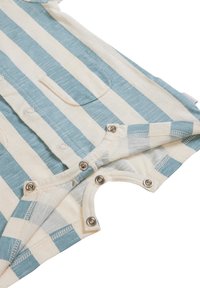 Gestreept kledingstuk met korte mouwen in blauw en crème kleuren, van katoen, met drukknoopjes en een klein zakje aan de voorkant.