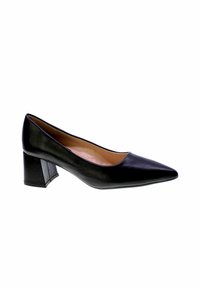 Scarpe con tacco in pelle nera caratterizzate da una punta affusolata e un tacco quadrato di altezza media. Il design è elegante, con una superficie liscia e accenti minimi.