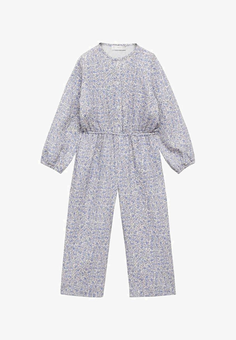 Cvetni kombinezon z dolgimi rokavi, zGathered pasom in širokimi hlačami. Narejen iz lahkega materiala v modri in beli barvi z nežnim cvetličnim vzorcem.