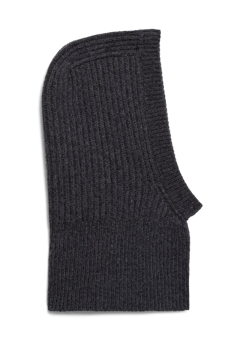 Balaclava a coste grigio scuro, con un design aderente, caratterizzata da una parte superiore arrotondata e una texture verticale per isolamento e comfort.