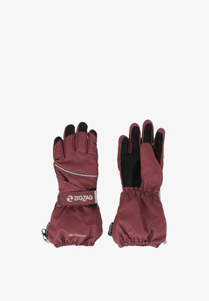 Gants maroon imperméables avec des accents noirs, des poignets élastiques et une bande réfléchissante. Matériau extérieur lisse et paume texturée pour une meilleure prise.