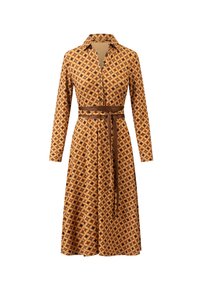 Braun gemustertes Kleid mit langen Ärmeln, Knopfleiste vorne, Kragen und passendem Gürtel. Verfügt über ein geometrisches Design in dunklerem Braun.