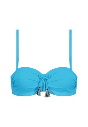 Bikini górny w kolorze turkusowym z przekręconym przodem, regulowanymi ramiączkami i dekoracyjnymi frędzlami. Gładki, elastyczny materiał.
