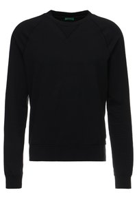 Černá mikina s dlouhými rukávy a žebrovaným výstřihem. Obsahuje raglánové rukávy a texturované pletení. Bez viditelných log nebo vzorů.