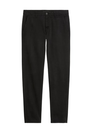 Schwarze Chinos im geraden Schnitt, aus einem glatten Baumwollmischgewebe, mit Fronttaschen und einem einzigen Knopfverschluss.