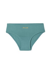 Türkise Baumwollbikiniunterhose mit glatter Textur, ausgestattet mit goldfarbener "Adorable" Stickerei auf der Vorderseite und einem hoch geschnittenen Bund.