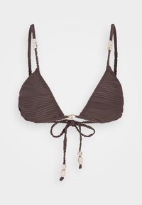 Brown bikini top with textured fabric, triangular cups, and adjustable ties. Beaded accents on straps enhance the design.