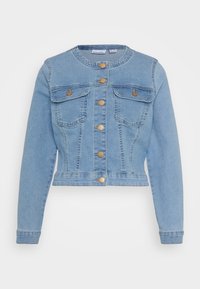 Light blue cropped denim jacket with long sleeves, round neckline, gold buttons, and two chest flap pockets with button closures.