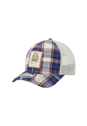 Cappellino a scacchi con un motivo blu, bianco e giallo; parte posteriore in rete; toppa anteriore con logo "Visa"; visiera curva; dettaglio del numero "6".