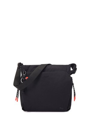Sac bandoulière noir avec sangle ajustable, tirettes de fermeture éclair à embouts rouges et détail porte-clés sur fond blanc.