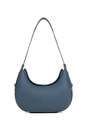 Sac à main en cuir texturé bleu foncé avec une poignée courbée unique, forme de croissant et détails de bord lisses.