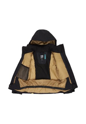 Svart huva jacka öppen för att visa beige isolerad foder med meshficka och ROXY-märkesetikett inuti.