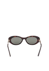 Želvovinové sluneční brýle se šedými skly, oválnými rámy, tenkými stranami a zlatým kováním na pantech. Rám s texturovaným povrchem.