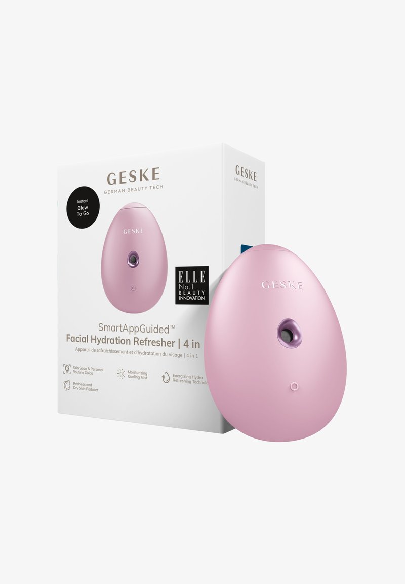 Pink, oval facial hydration refresher with a slight sheen; features a single button and small nozzle; packaged in a box with product information.
