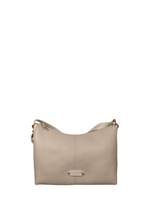 Borsa a tracolla in pelle beige con texture liscia, base piatta, tracolla regolabile e piccola targhetta metallica con logo al centro frontale.