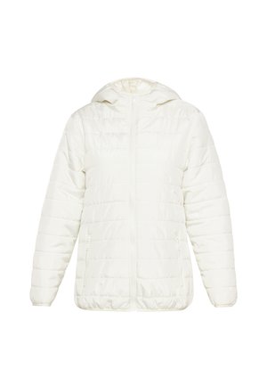 Jachetă albă captusită cu glugă, dotată cu cusături orizontale, fermoar frontal și două buzunare laterale. Material neted și ușor.