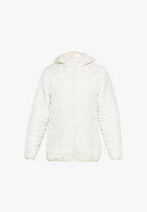Fehér, kapucnis, párnázott dzseki, vízszintes steppeléssel, elülső cipzárral és két oldalsó zsebbel. Simább, könnyű anyag.