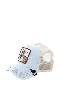Cappello trucker a rete blu chiaro e beige con un patch di una capra e un'etichetta nera sul bordo anteriore.