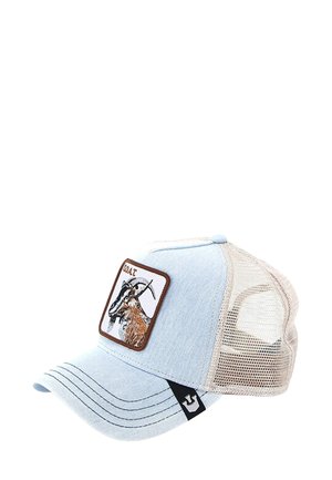 Cappello trucker a rete blu chiaro e beige con un patch di una capra e un'etichetta nera sul bordo anteriore.