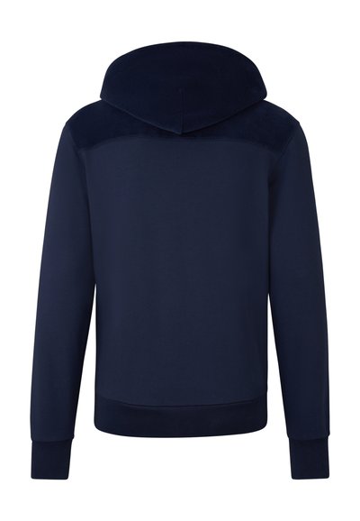 Navy blue hoodie with a soft texture, featuring a hood, long sleeves, and ribbed cuffs and hem. Smooth finish with no visible logos.