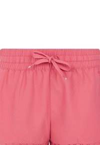 Roze pamučne kratke hlače s elastičnim pojasom, vezanjem i čipkastim rubom duž donjeg ruba. Glatka tekstura, ležeran dizajn.