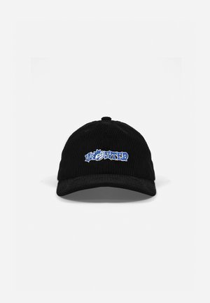 Black corduroy cap with a curved brim, featuring blue embroidered text on the front. Text has a playful font style.