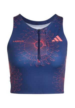 Κολάν αθλητικό μπλε ναυτικό με φερμουάρ μπροστά, κόκκινα ακτινωτά λουλουδένια σχέδια, το κείμενο "LABRUM" και το λογότυπο της Adidas στο στήθος.