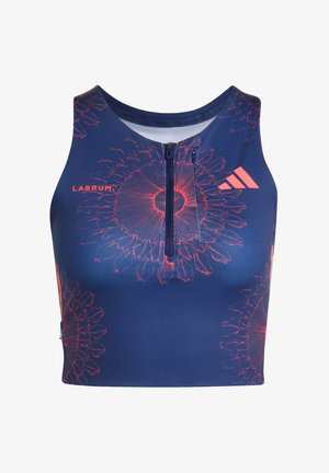 Κολάν αθλητικό μπλε ναυτικό με φερμουάρ μπροστά, κόκκινα ακτινωτά λουλουδένια σχέδια, το κείμενο "LABRUM" και το λογότυπο της Adidas στο στήθος.