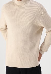 Pull à col roulé beige texturé avec un motif en quadrillage, des poignets et un ourlet côtelés, ainsi qu'une coupe décontractée. Tissu en mélange de coton offrant de la chaleur.