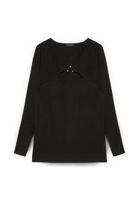 Maglione nero con maniche lunghe, scollo a V, texture a coste sulle spalle e dettaglio con taglio frontale accentuato da due piccole perline.
