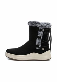 Stivale nero in suede con bordatura in finta pelliccia grigia, punta arrotondata, suola testurizzata e lacci posteriori regolabili; presenta un dettaglio con logo circolare.