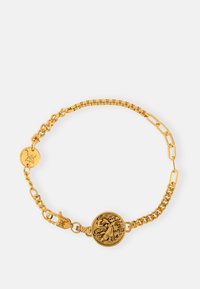 Gold bracelet featuring a round medallion with intricate design, linked chain segments, and a secure clasp. Smooth texture with a polished finish.