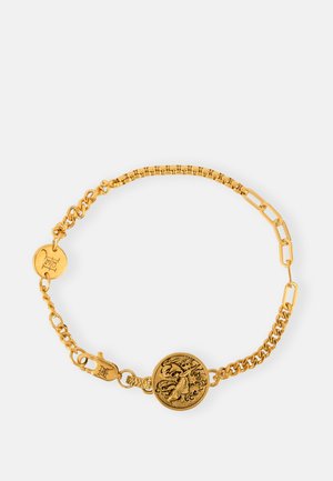 Gold bracelet featuring a round medallion with intricate design, linked chain segments, and a secure clasp. Smooth texture with a polished finish.